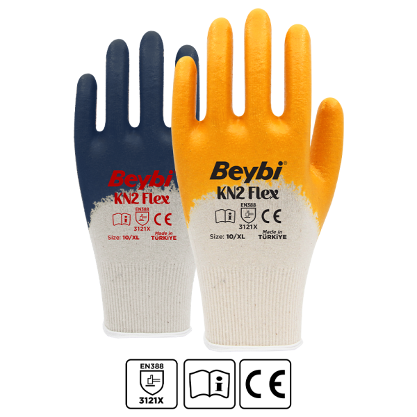BEYBİ (BEYAZ-SARI) KN2 FLEX- PAMUKLU NİTRİL ELDİVEN NO:10