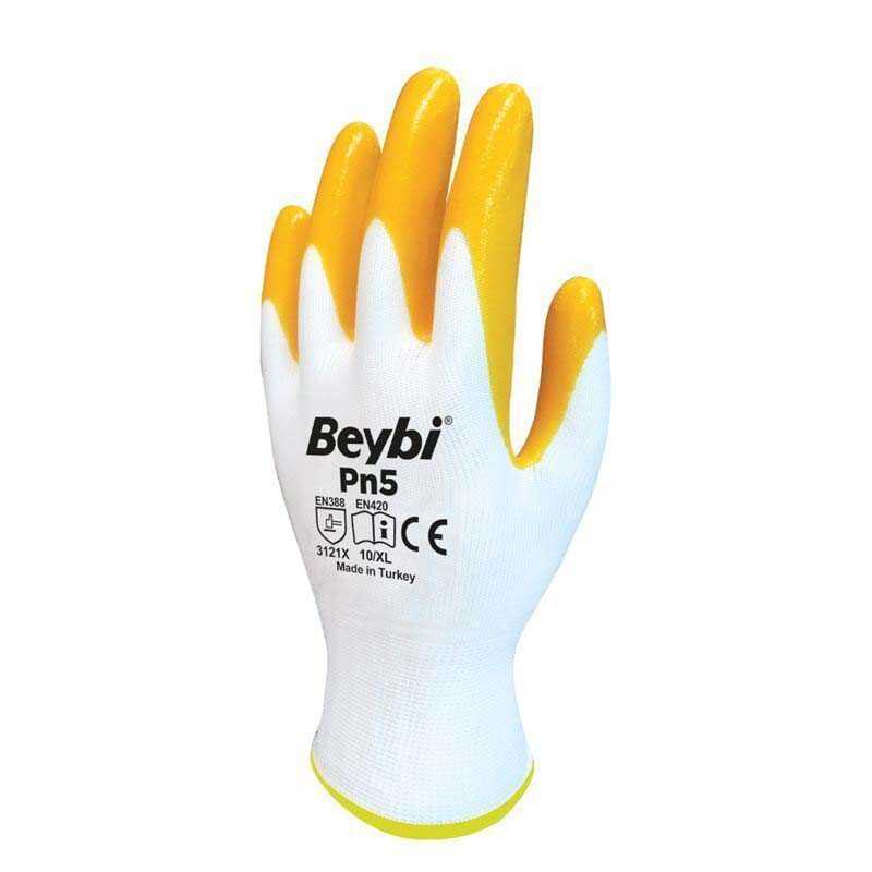 BEYBİ PN5 NİTRİL POLYESTER ELDİVEN BEYAZ/SARI NO:10