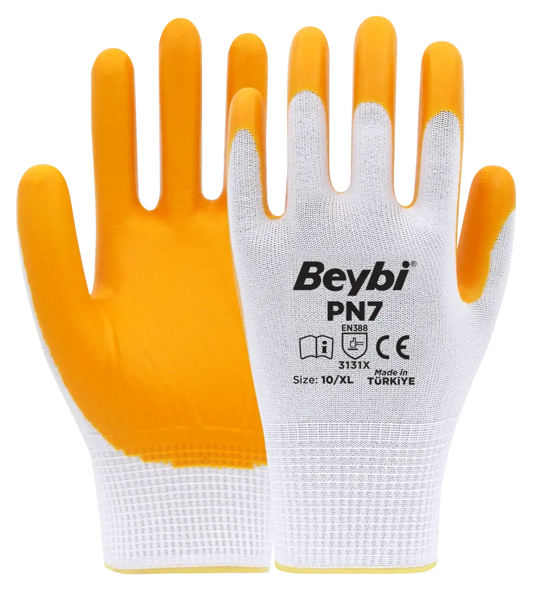 BEYBİ PN7 NİTRİL POLYESTER ELDİVEN BEYAZ/SARI NO:10